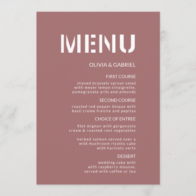 Modern dusty pink brandy rose simple Wedding Menu (Front)