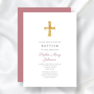 Modern Dusty Pink Cross Religious Girl Baptism Invitation