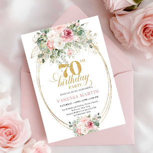 Modern dusty pink floral gold 70th birthday invite