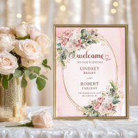 Modern Dusty Pink Floral Gold Glitter Welcome Sign