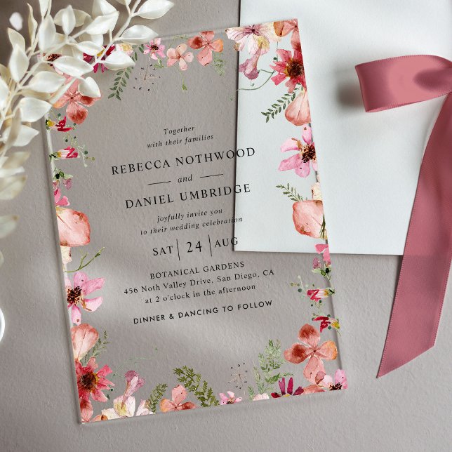 Modern Dusty Pink Flowers Wedding Acrylic Invitations (Creator Uploaded)