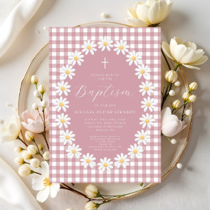 Modern Dusty Pink Gingham Floral Girl Baptism Invitation