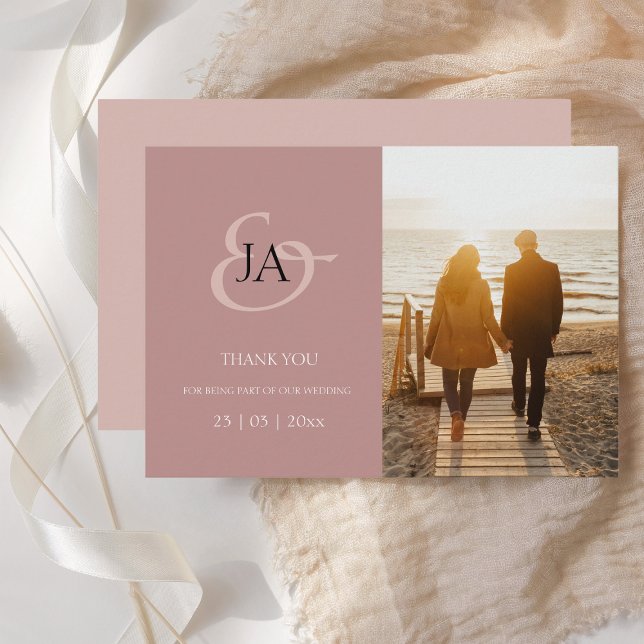 Modern Dusty Pink Monogram Photo Wedding Thank You (Creator Uploaded)