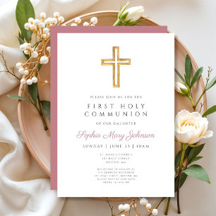 Modern Dusty Pink Religious Girl First Communion Invitation
