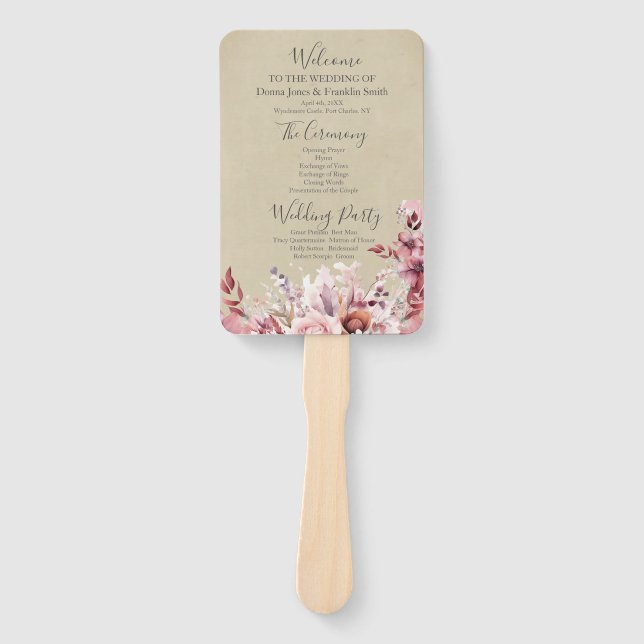 Modern Dusty Pink Rose Wedding Program Hand Fan (Front)