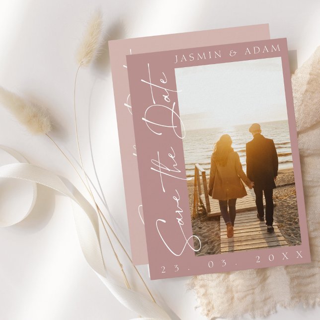 Modern Dusty Pink Script Photo Wedding Save The Date (Creator Uploaded)