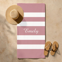 Modern Dusty Pink Striped Name Beach Towel