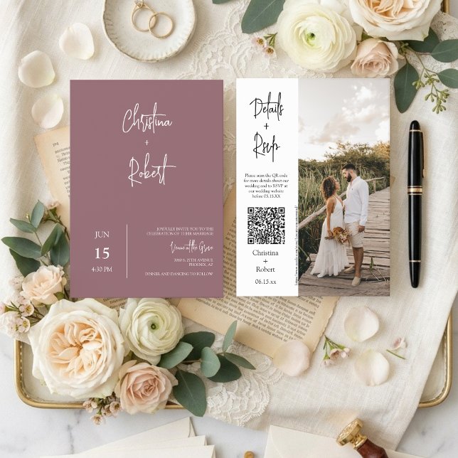 Modern Dusty Purple Boho Wedding Photo QR Code  Invitation (Creator Uploaded)