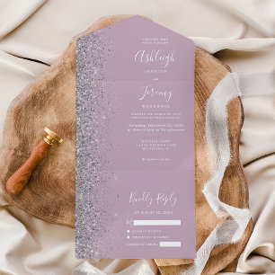 Modern Dusty Purple Lilac Silver Glitter Wedding All In One Invitation