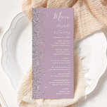 Modern Dusty Purple Lilac Silver Glitter Wedding Menu<br><div class="desc">The left-hand edge of this elegant modern wedding menu features a silver faux glitter design. The customisable text combines white handwriting,  copperplate and italic fonts on a dusty lavender purple background. The reverse side features a matching dusty lavender and silver glitter design.</div>