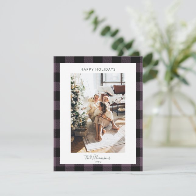 Modern Dusty Purple Plaid Rustic Photo Christmas  Holiday Card (Standing Front)