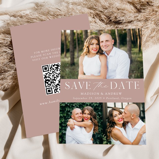 Modern Dusty Rose 3 Photo QR Code Save The Date (Creator Uploaded)