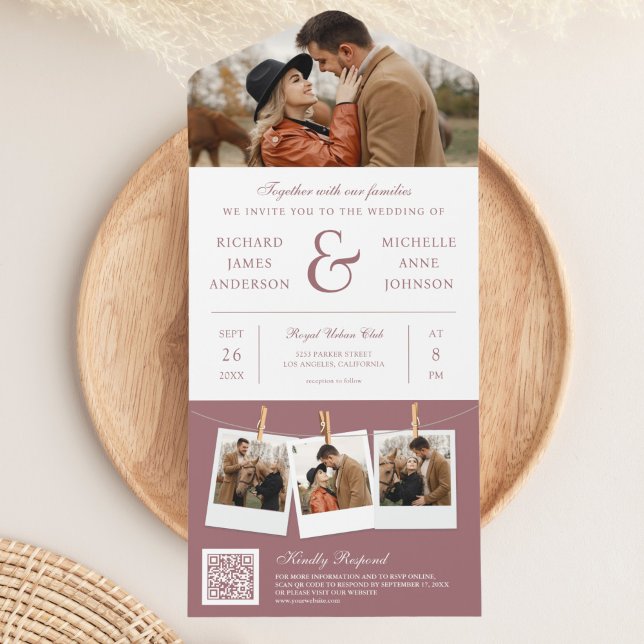 Modern Dusty Rose Ampersand Photo QR Code Wedding All In One Invitation (Creator Uploaded)