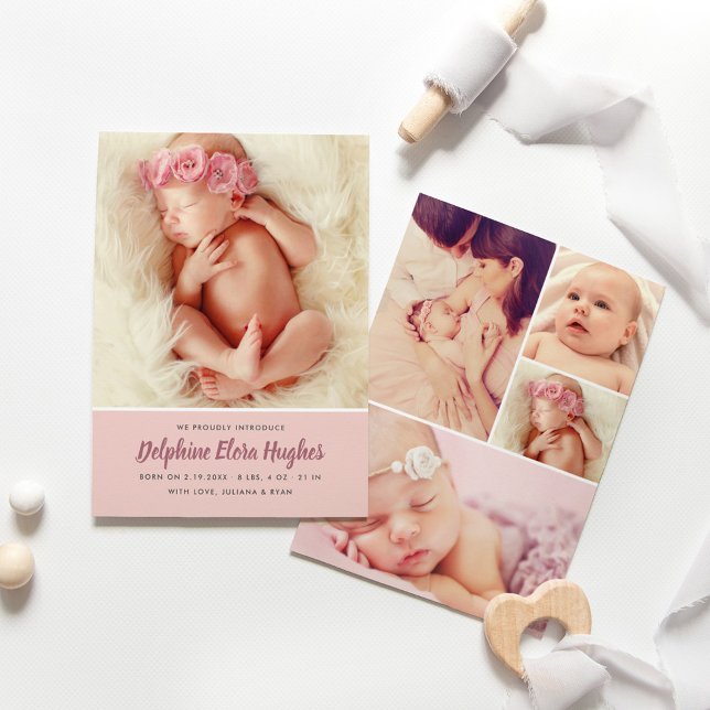 Modern Dusty Rose Baby Girl Photo Collage Birth Announcement (Creator Uploaded)