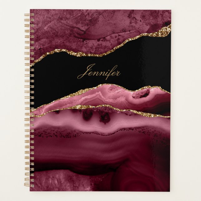 Modern Dusty Rose Black & Gold Agate Personalise Planner (Front)