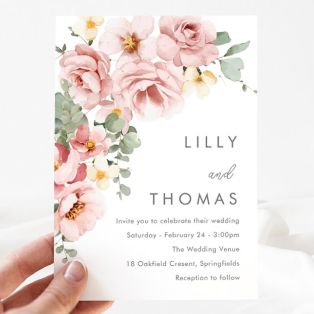 Modern Dusty Rose Blush Floral Wedding Invitation (Creator Uploaded)