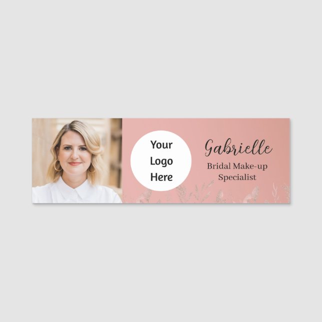 Modern Dusty Rose Botanical Photo Script  Name Tag (Front)
