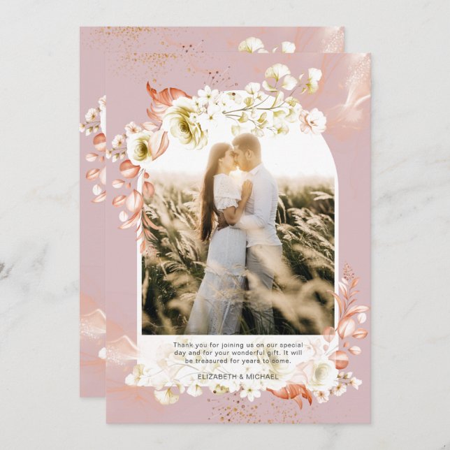 Modern Dusty Rose Coral Floral PHOTO THANK YOU (Front/Back)