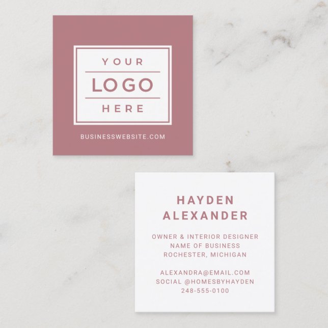 Modern Dusty Rose Custom Business Logo Square Business Card (Front/Back)
