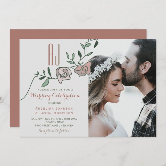 Modern Dusty Rose Floral Photo Wedding Invite (Front/Back)