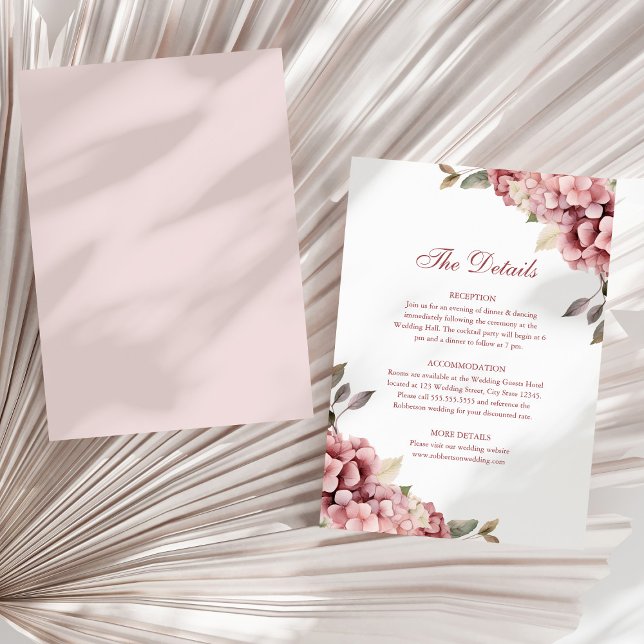 Modern Dusty Rose Hydrangea Wedding Details Card (Modern Dusty Rose Hydrangea Wedding Details Card on a sunny neutral dry plam leaf.)