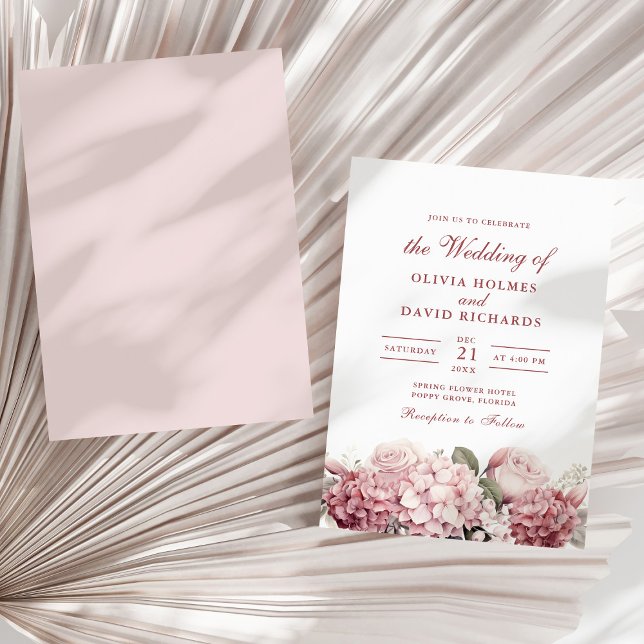 Modern Dusty Rose Hydrangea Wedding Invitation (Modern Dusty Rose Hydrangea Wedding Invitation on a sunny neutral dry palm leaf.)