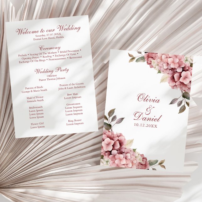Modern Dusty Rose Hydrangea Wedding Program (Modern Dusty Rose Hydrangea Wedding Program on a sunny neutral dry palm leaf.)