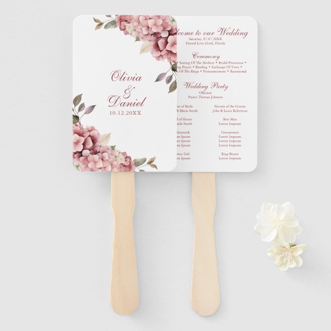 Modern Dusty Rose Hydrangea Wedding Program Hand Fan (Front and Back)