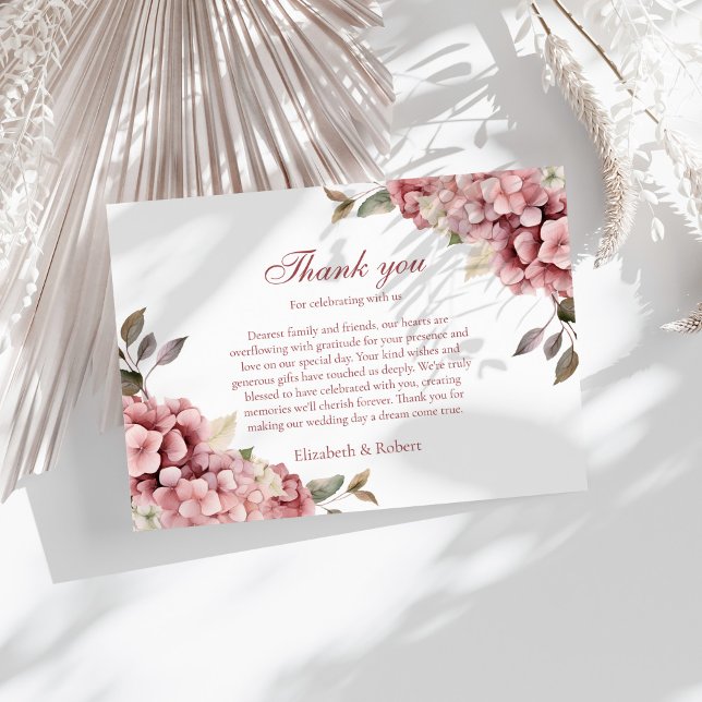 Modern Dusty Rose Hydrangea Wedding  Thank You Card (Modern Dusty Rose Hydrangea Wedding Thank You Card on a sunny table with white dry botanicals.)