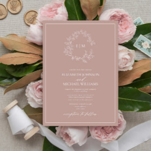 Modern Dusty Rose Leafy Crest Monogram Wedding Invitation