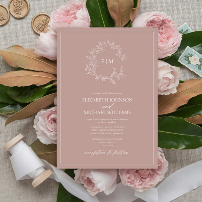 Modern Dusty Rose Leafy Crest Monogram Wedding Invitation (Creator Uploaded)