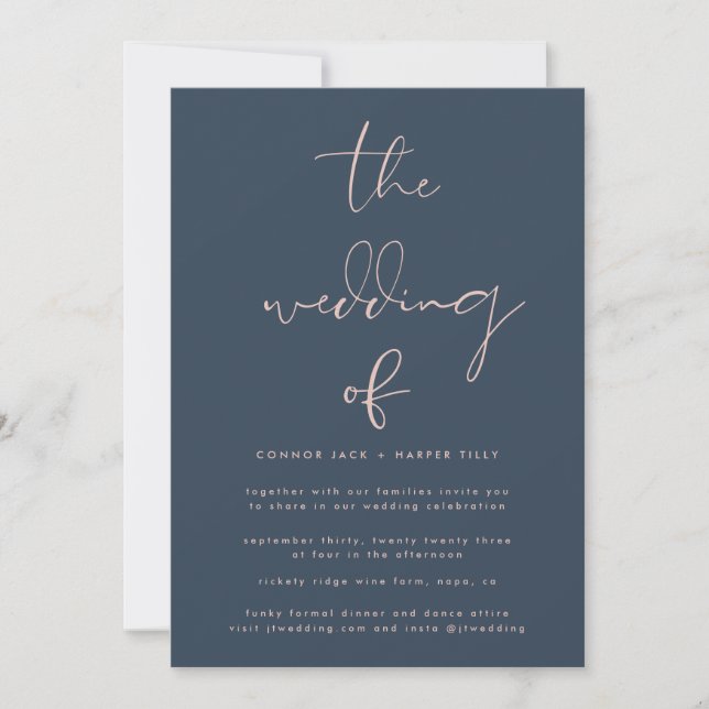 Modern Dusty Rose Navy Blue Wedding Invitation (Front)