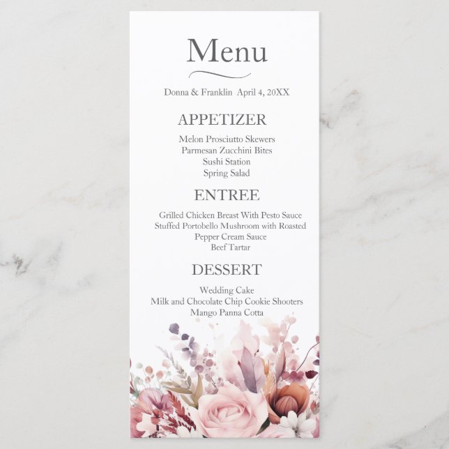 Modern Dusty Rose Pink Wedding Menu (Front)