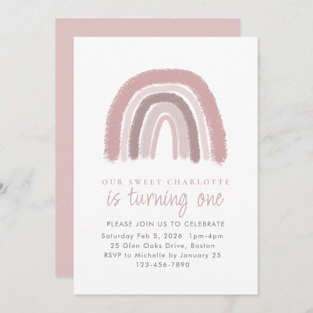 Modern Dusty Rose Rainbow First Birthday Party Invitation (Front/Back)