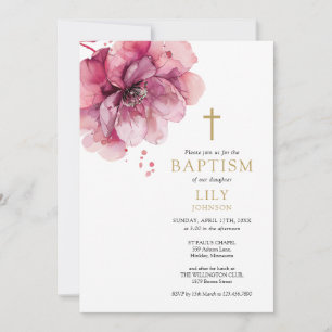Modern Dusty Rose Watercolor Floral Baptism Invitation