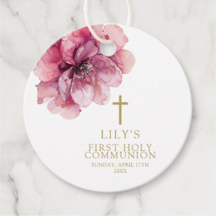Modern Dusty Rose Watercolor Floral Holy Communion Favour Tags