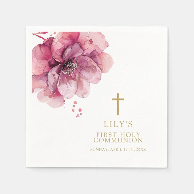 Modern Dusty Rose Watercolor Floral Holy Communion Napkin (Front)