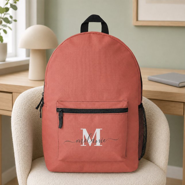 Modern Dusty Rose White Monogram Custom Name  Printed Backpack (Modern Pink Custom Monogram Name Printed Backpack)