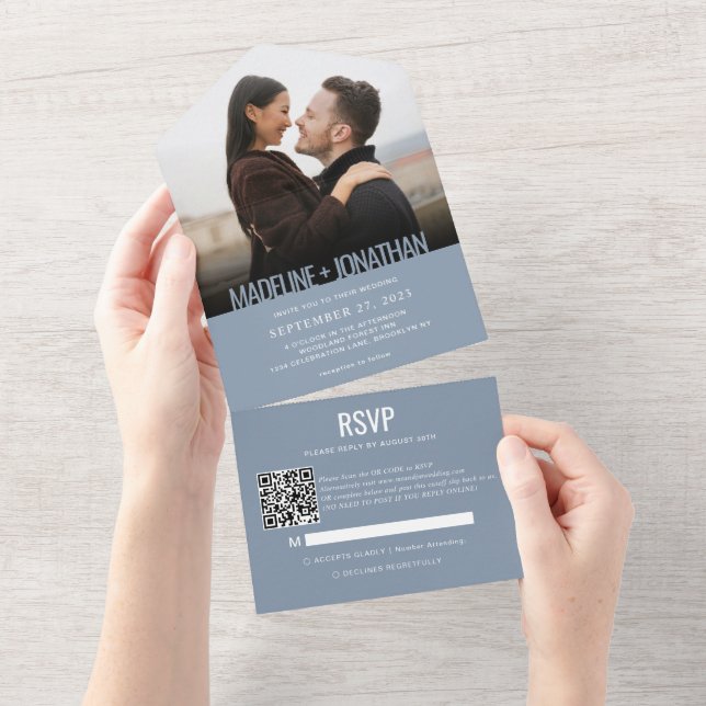 Modern Dusy Blue Minimalist Photo QR Code Wedding All In One Invitation (Tearaway)