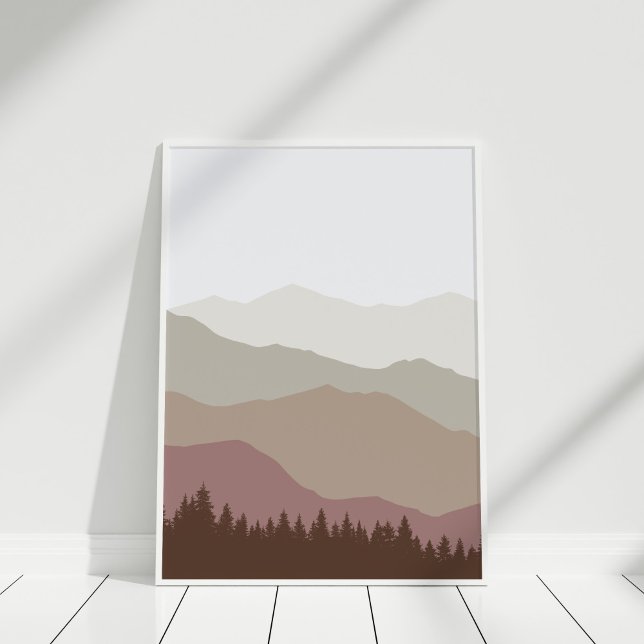 Modern Earth Tone Abstract Mountain Landscape Wall Poster (Modern Earth Tone Color Abstract Landscape Poster in white frame against white wall.
)