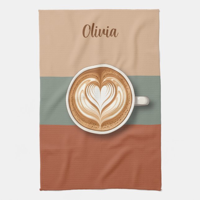 Modern Earth Tone Heart Latte Barista Tea Towel (Vertical)