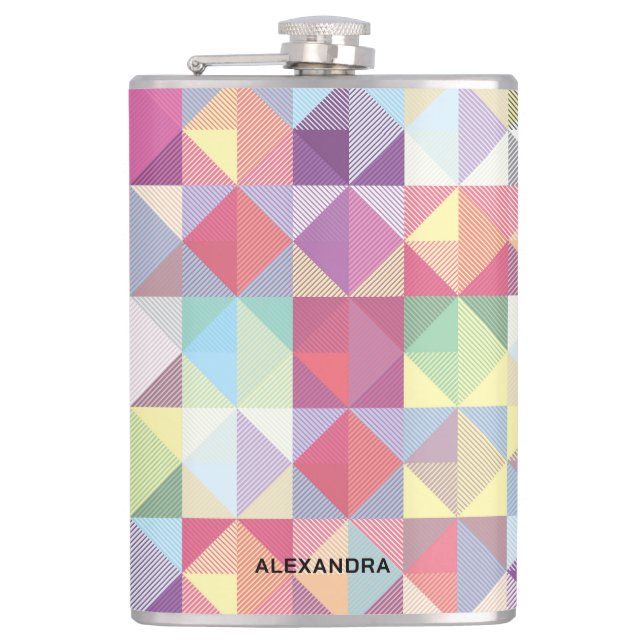 Modern Earthtone Geometric Pattern With Name Hip Flask (Front)