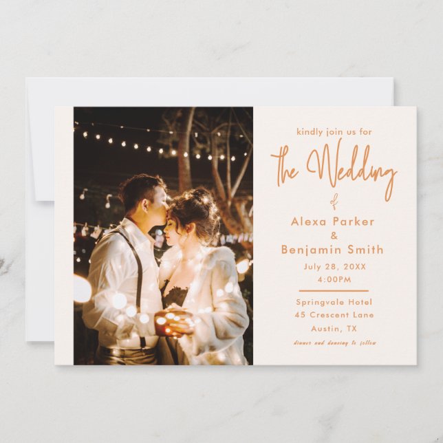Modern Earthy Beige Script Photo Wedding Invitation (Front)