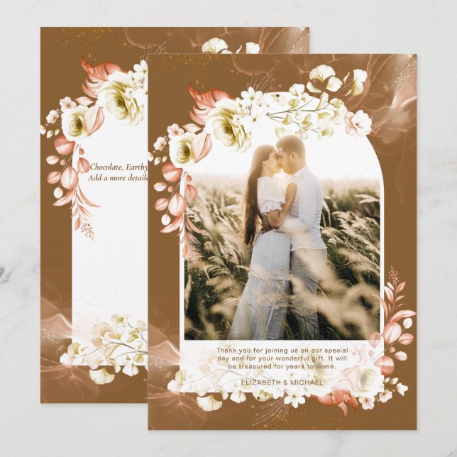 Modern Earthy Brown Coral Floral PHOTO THANK YOU Card (Front/Back)