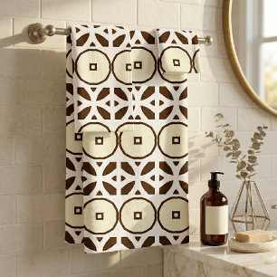 Modern Earthy Brown Cream Mosaic Geometric Pattern Bath Towel Set
