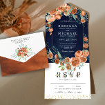 Modern Earthy Burnt Orange Floral Navy Wedding All In One Invitation<br><div class="desc">Amaze your guests with this elegant wedding invite featuring beautiful flowers and modern typography with detachable RSVP postcard. Simply add your event details on this easy-to-use template to make it a one-of-a-kind invitation.</div>