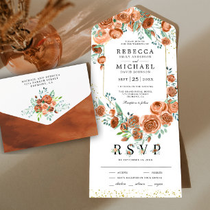 Modern Earthy Burnt Orange Floral Wedding All In One Invitation