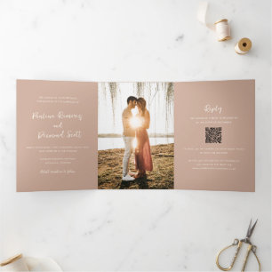 Modern Earthy Neutral QR Code Simple Wedding Tri-Fold Invitation