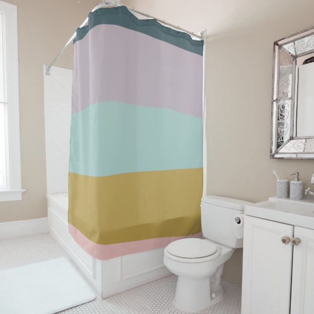 Modern Earthy Pastel Striped Abstract Colour Block Shower Curtain (In Situ)