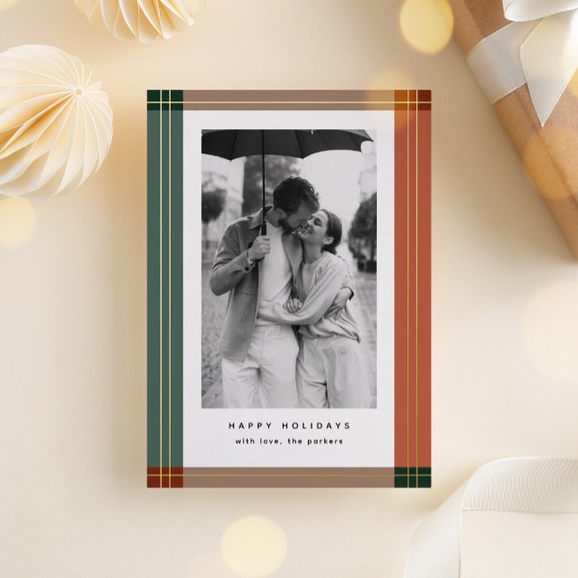 Modern Earthy Plaid Frame Christmas Photo Foil Holiday Card (earth tones plaid frame holiday card)